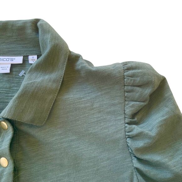 Chico’s Puff Sleeve Slub Cotton Modal Collared Henley Snap Dark Moss Size 0/S - Picture 6 of 10